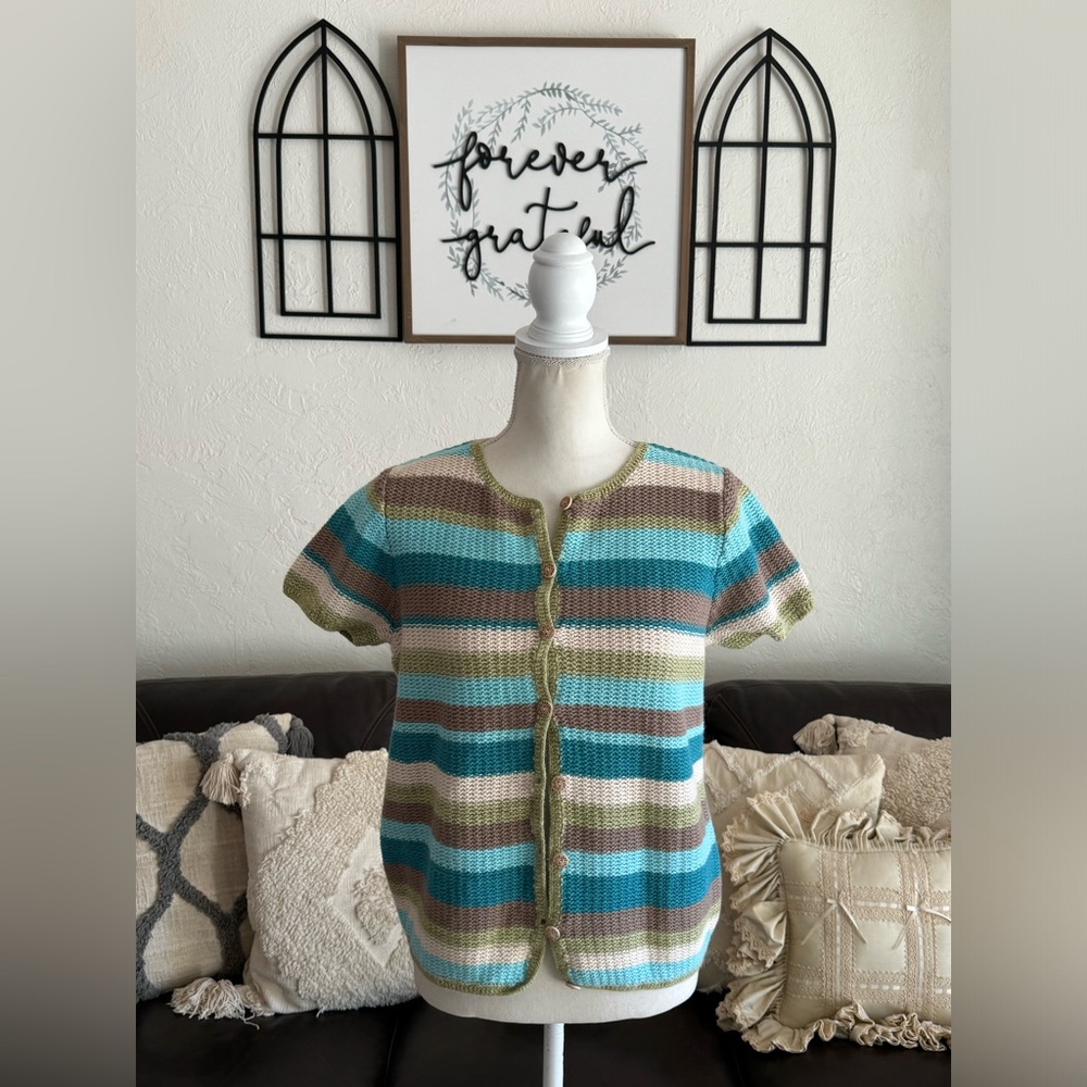 Vintage Coastal Granddaughter Short Sleeve Cardigan Cover Size M Hand Crochet - Picture 4 of 16